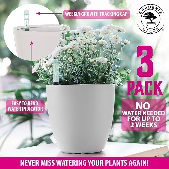 GARDENIX DECOR Self Watering Pots for Indoor Plants 3 Pack - Flower Pot with Water Level Indicator for Plants, Grow Tracking Tool - Self Watering Planter Plant Pot - Coco Coir - White Rootora