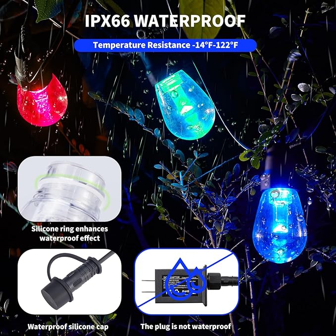 Outdoor String Lights 27FT, Outdoor Lights for Patio with 10 Dimmable RGBW LED Bulbs, IP66 Waterproof Shatterproof, with APP Control & Remote, 24V Adapter Color Change,for Backyard Decor CAWWS
