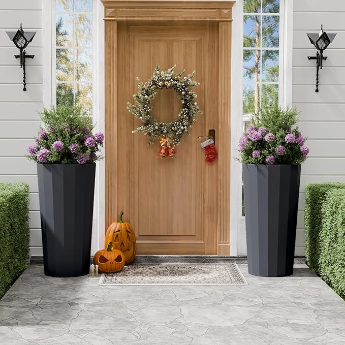 23.6" Tall Outdoor Planters Set of 2, Large Planters for Outdoor Plants for Porch Decor with Drainage Hole, Wide Stripe Design Porch Flower Pots for Indoor Pot Patio/Garden, Gray Blue Outdoorchairs
