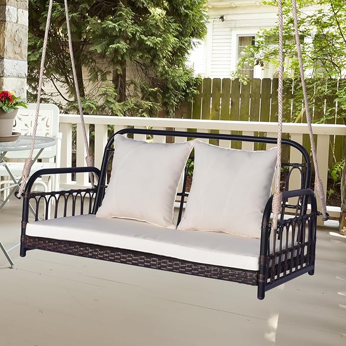 Tangkula Outdoor Wicker Porch Swing, 2-Person Hanging Seat with Seat & Back Cushions, Heavy-Duty Metal Frame & 2 Sturdy Hanging Ropes, Wicker Woven Swing Loveseat for Front Porch, Backyard (Off White) TANGKULA