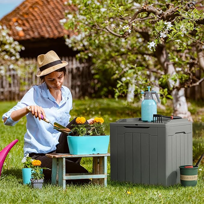Flamaker Deck Box 31 Gallon Waterproof Resin Small Deck Box with Lid, Indoor Outdoor Package Delivery Box, Organization and Storage for Patio Furniture, Garden Tools, Outdoor Cushions (Grey) Flamaker