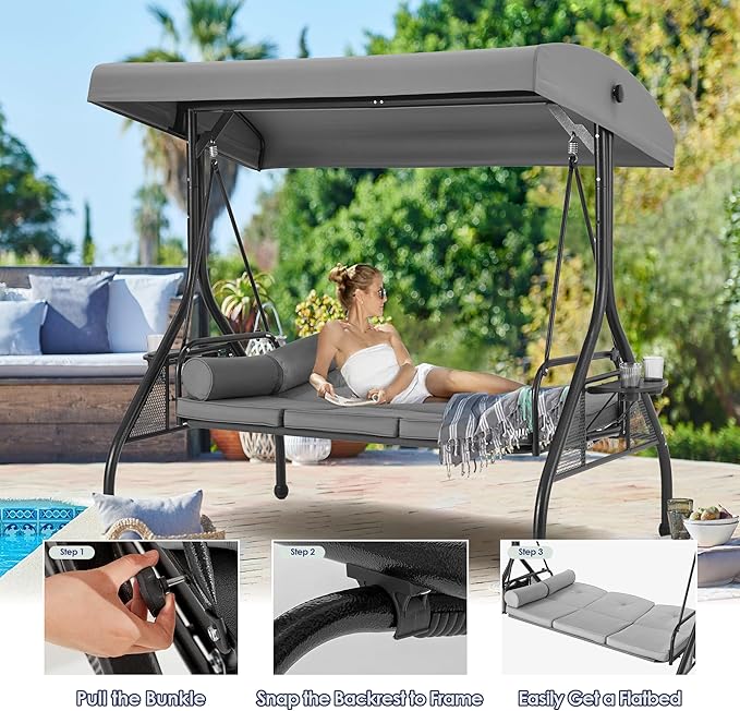 HOMREST 3 Seat Outdoor Porch Swing with 1.5" Deep Cup Holder, Adjustable Canopy,Patio Swing Bed with Stand, Patio Glider Swing with Thicken Cushions, Pillow（Grey） HOMREST