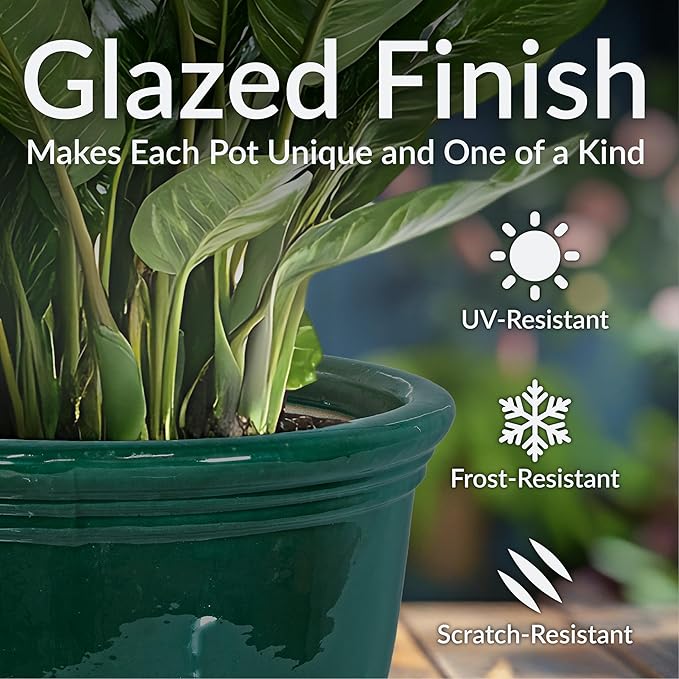 Sunnydaze Large Ceramic Plant Pot - Round Outdoor Glazed Ceramic Planter Pot with Drainage - Studio - Dark Green - 18.5" SunnydazeDecor