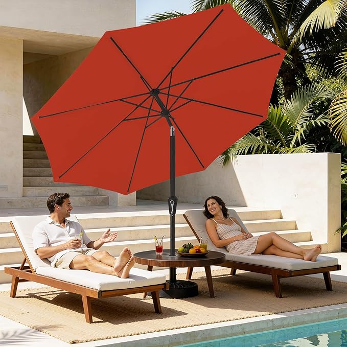 MEWAY 9ft Patio Umbrella Outdoor Table Umbrellas with Push Tilt and Crank, Market Umbrella 8 Sturdy Ribs for Deck, Garden, Pool and Backyard, Red Orange MEWAY