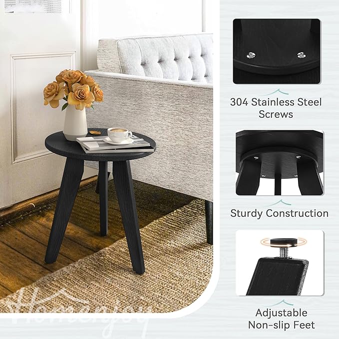HDPS Outdoor Side Table, Small Round Side Table Weather-Resistant, Outdoor Side Tables for Patio, Porch, Deck, End Table for Plant Stand, Living Room, Bedroom, Black HOMENJOY