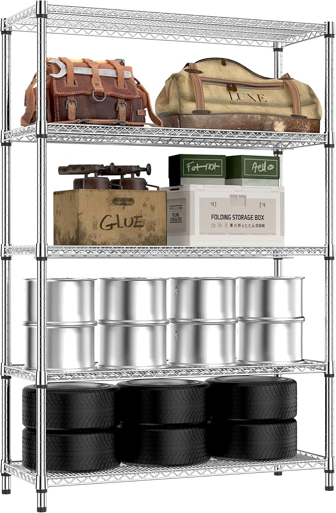 IZEUK 4250 LBS Garage Shelving Wide Storage Shelves 5 Tier Metal Shelves Heavy Duty Adjustable Utility Shelf Rack Chrome 17.7" D x 47.2" W x 70.4" H IZEUK