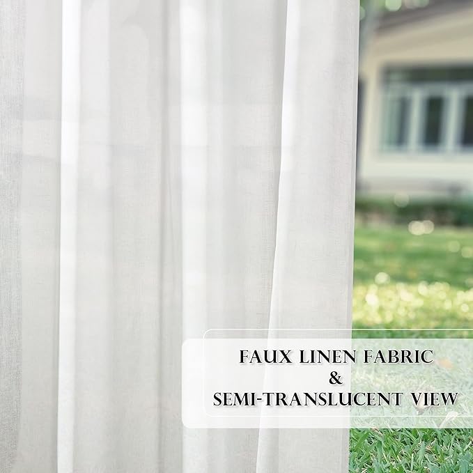 RYB HOME Sheer Curtains for Patio Outdoor, Linen Textured White Panel Grommet Top Waterproof Light Diffused Drapes for Porch Gazebo Deck, 2 Pieces with Tieback Ropes, W52 x L 96 inches RYBHOME
