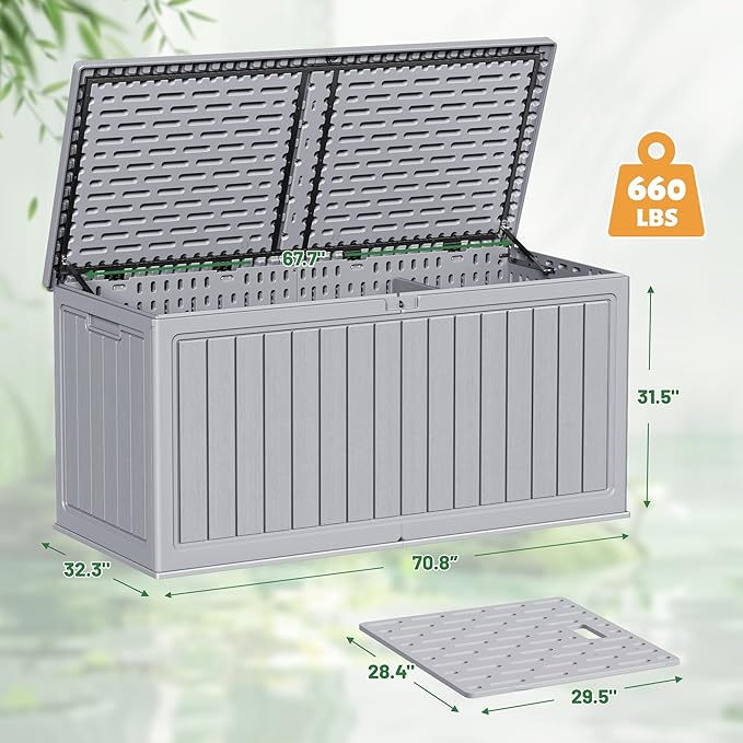 Devoko 260 Gallon Double-Wall Deck Box with Divider, Side Handles, Resin Outdoor Large Storage Box Waterproof and Lockable for Patio Furniture, Garden, Pool (Grey, 260 Gallon) DEVOKO
