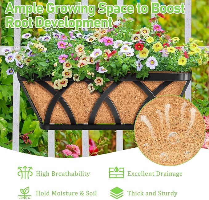 Riare 2 Pack 16 Inch Metal Railing Planter Window Box with Coco Liner- Adjustable Window Flower Boxes for Railings, Hanging Rail Planters for Deck, Balcony, Porch, Fence, Indoor Outdoor Plants Riare