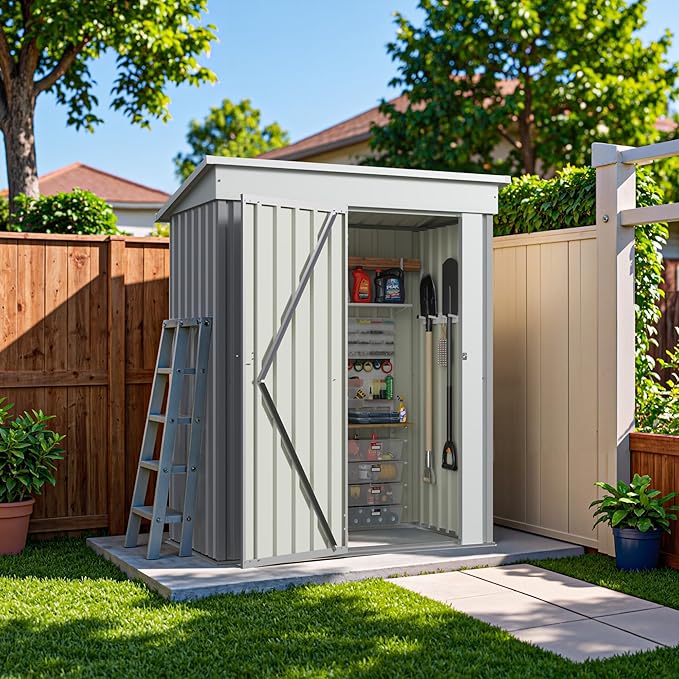 Greesum 5×3 FT Outdoor Storage Shed, Metal Storaged Sheds Without Floor, Tool Sheds with Lockable Doors and Slooping Roof for Garden, Patio, Backyard, Gray BuynowfromGreesum