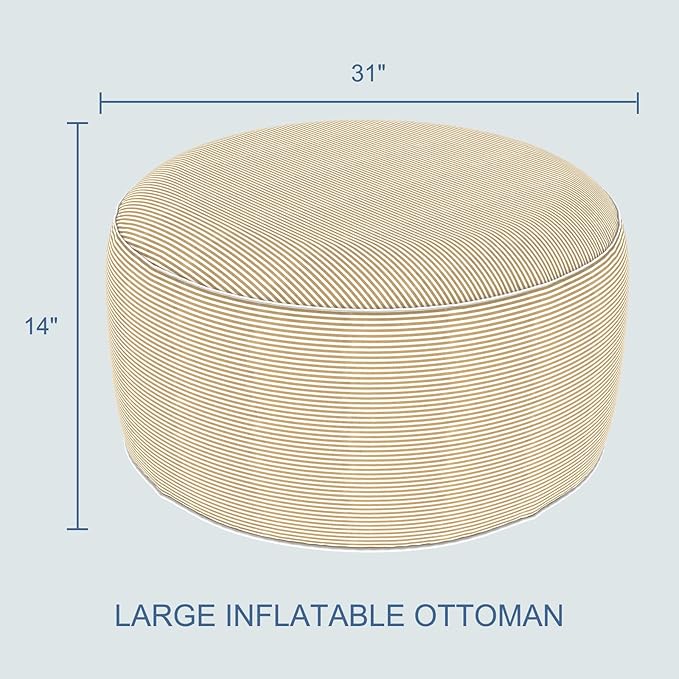 LVTXIII Indoor/Outdoor Extra Large Inflatable Ottoman Pouf D31 x H14 Inch, Round Footstool with Handle, Weather-Resistant Portable Furniture for Patio, Camping, Beach, Stripe Beige LVTXIII