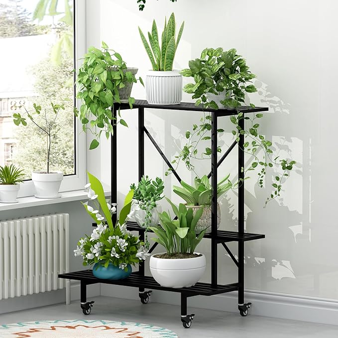 Zhongma 3 Tier Metal Heary Duty Plant Stand with Wheels, 35.43 L x 17.5 W x 38.6H . Space saving Plant Stand Zhongma