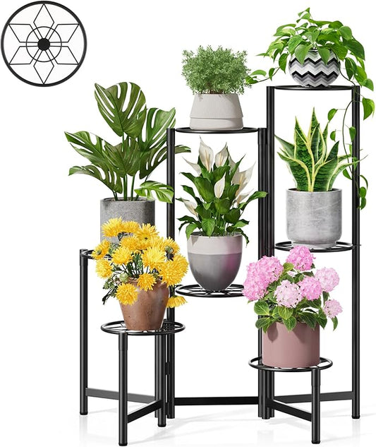 7 Tier Metal Patio Plant Stand Outdoor, Heavy Duty Flower Stands for Indoor Plants, Floding Tall Corner Shelf for Diaplay Racks for Home Decor, Graden, Balcony -BlackDiamond Rootora
