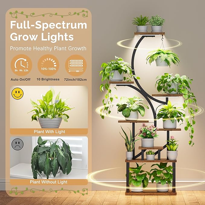 Plant Stand Indoor with Grow Lights - 62" Tall Plant Shelf, Lighted Corner Plant Stands for Indoor Growing, 8 Tiered Large Flower Holder, S-Shaped Decorative Rack for Living Room, Patent Design, Brown BACEKOLL