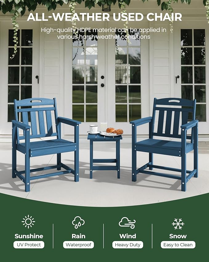 Set of 2 Weatherproof Patio Chairs - HDPE Outdoor Dining Chairs with Wide Seat, Ergonomic Design - for Garden, Backyard, Deck - Navy Blue Suunyn