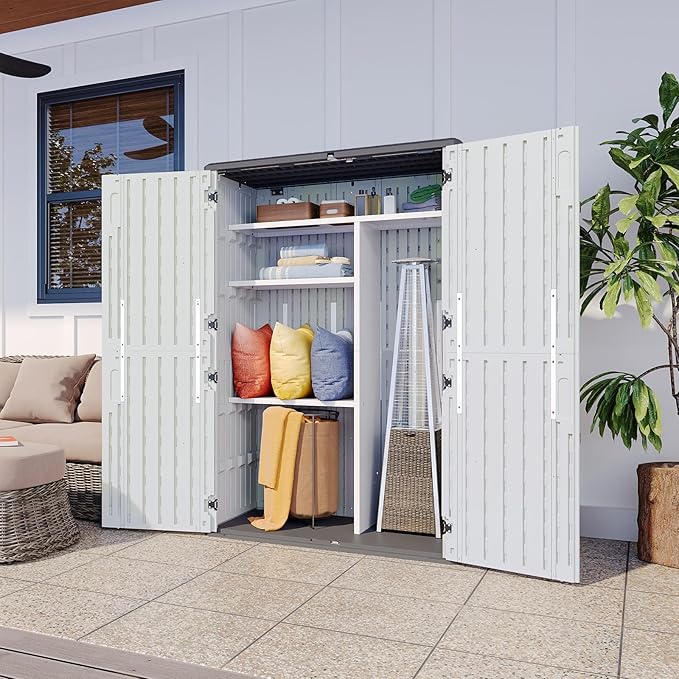 Aoxun Outdoor Resin Storage Shed with Metal Shelving Kit & Floor, 64 Cu.Ft Vertical Waterproof Storage Cabinet for Garage, Pool, Bike, Garden Tools, Patio Furniture (White) Aoxun