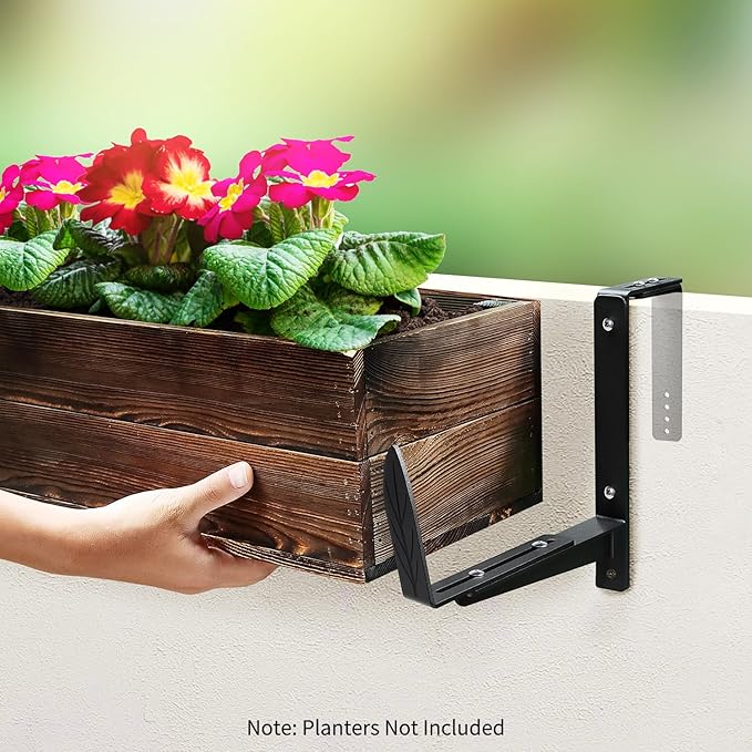 Window Box Brackets, Adjustable Planter Box Brackets, Heavy Duty Iron Flower Box Bracket for Deck Railing with Upgraded Bottom Support - Ideal for Balconies, Fences, and Gardens (4 Pack) VOXOR