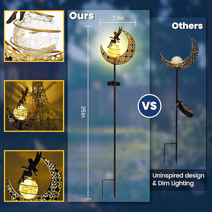 Fairy Garden Solar Lights Outdoor Moon Stakes, Waterproof Outdoor Metal Decor Gifts for Women Mom, Art Moon Sculpture for Yard, Patio, Garden, Porch, 1 Pack Suncket