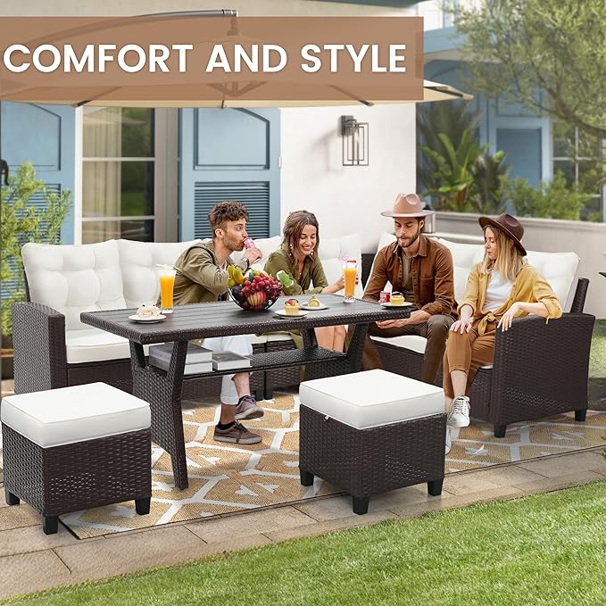 KROFEM6-Piece Patio Furniture Set, Outdoor Sectional Sofa with Dining Table & Chairs, All-Weather Dining Set with Removable Cushion Covers, Ideal for Garden, Porch, Backyard, White KROFEM