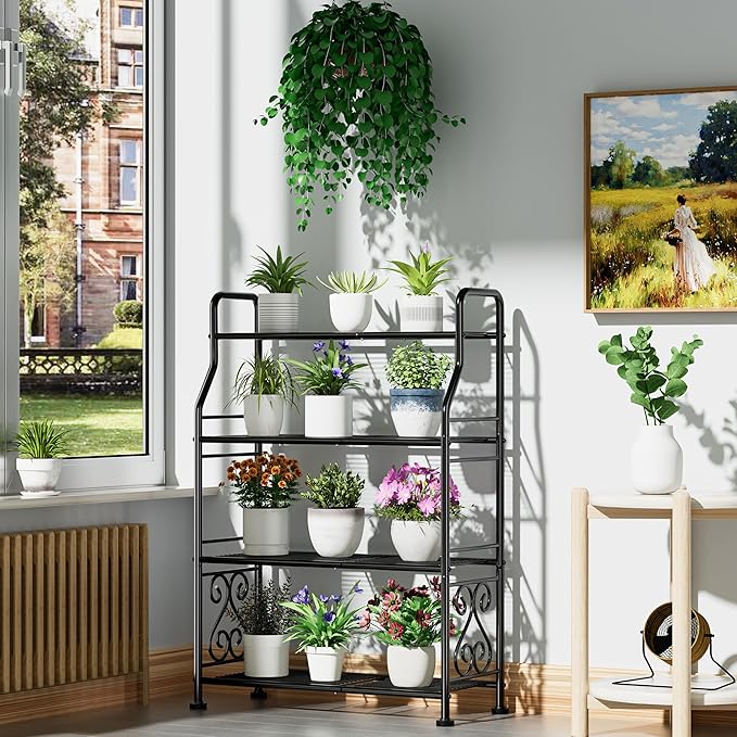 GIOTORENT Plant Stand Outdoor Indoor 4 Tier Metal Waterproof - 41.3" Plant Shelf for Patio, Balcony, Living Room, Large Capacity Tiered Plant Rack, Black GIOTORENT