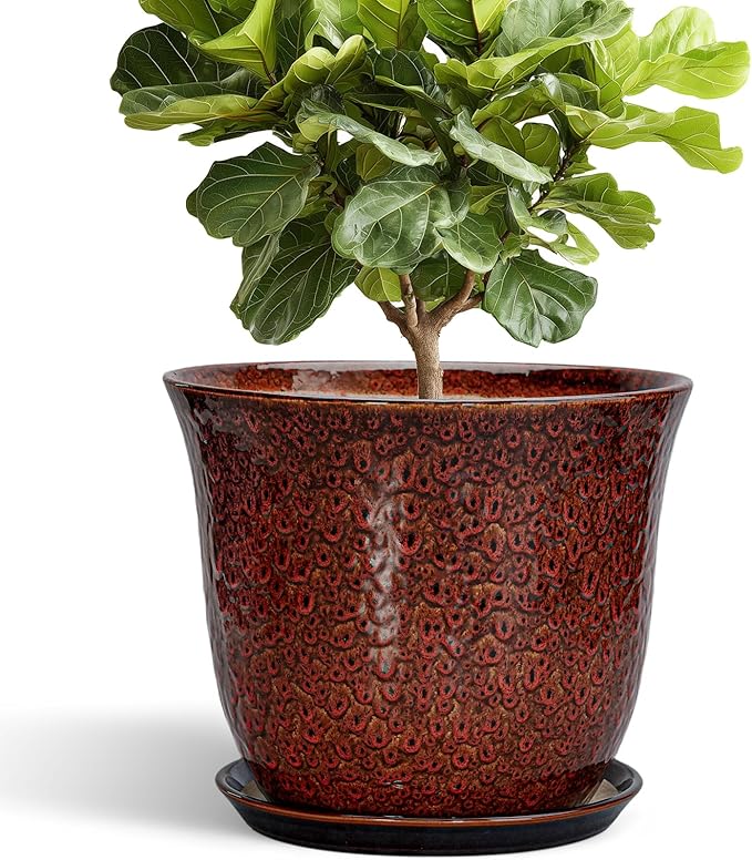 Ceramic Pots for Plants - 12 Inch Plant Pot for Indoor Outdoor, Round Planter with Drainage Hole and Saucer, Large Decorative Planters, Modern Flower Pot, Office Decor, Garden Gifts, Red SUNPOTFOR