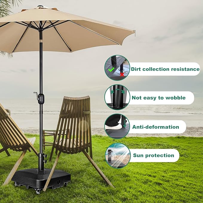 Patio Umbrella Base Heavy Duty with Wheels Square Market Stand for Outdoor 4 Locks 2 Knobs 125lb Capacity, Black RAOKUKH