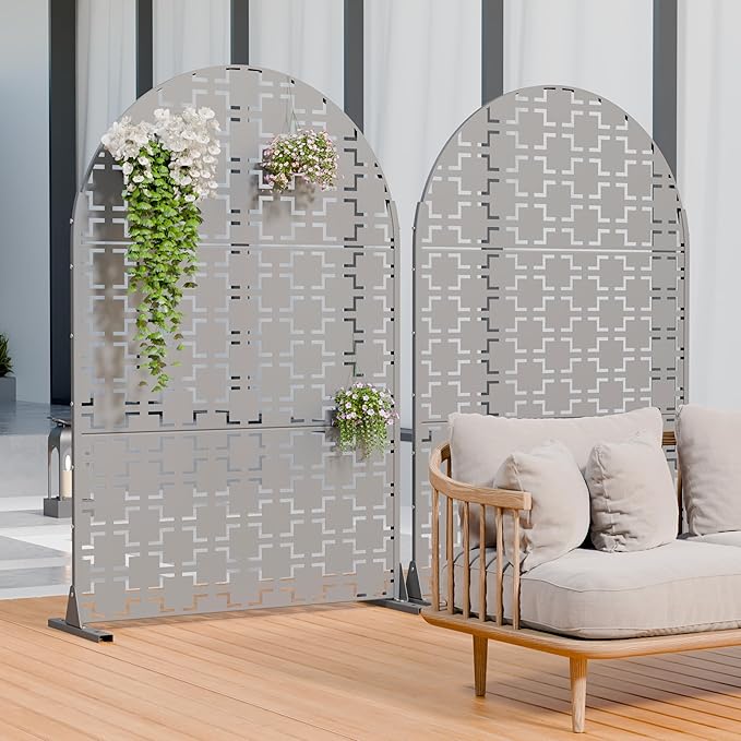 Casaphoria 72" H x 47" W Arched Metal Privacy Screen - Elegant Freestanding Outdoor Screen for Deck, Patio & Balcony - Versatile Decorative Privacy Panels for Home & Garden Use (Grey-Square) Casaphoria