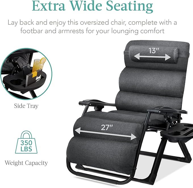 Best Choice Products Oversized Zero Gravity Chair, Folding Outdoor Patio Recliner, XL Anti Gravity Lounger w/Removable Cushion, Cup Holder, Side Tray, 350lb Capacity - Fossil Gray BestChoiceProducts