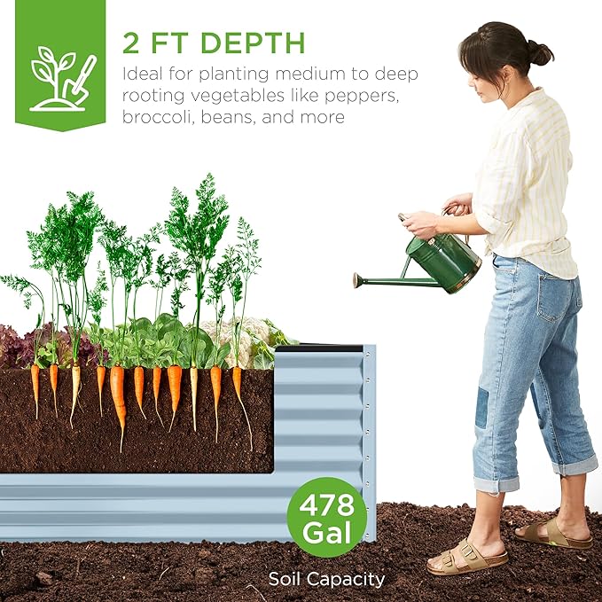 Best Choice Products 8x4x2ft Outdoor Metal Raised Garden Bed, Deep Root Planter Box for Vegetables, Herbs & Flowers, 478-Gallon Capacity, 100% Non Toxic Materials - Mist Blue BestChoiceProducts