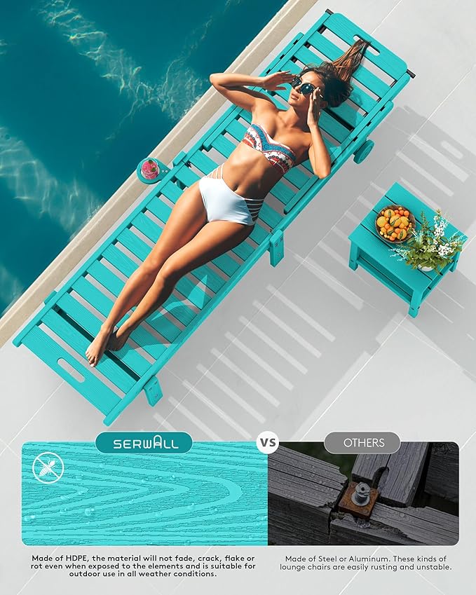 SERWALL Outdoor Chaise Lounge Set of 2 with 9FT Umbrella, HDPE Pool Lounge Chair with 5-Position Adjustable Backrest, Patio Lounger with Rolling Wheels & Cup Holder for Pool, Aruba SERWALL