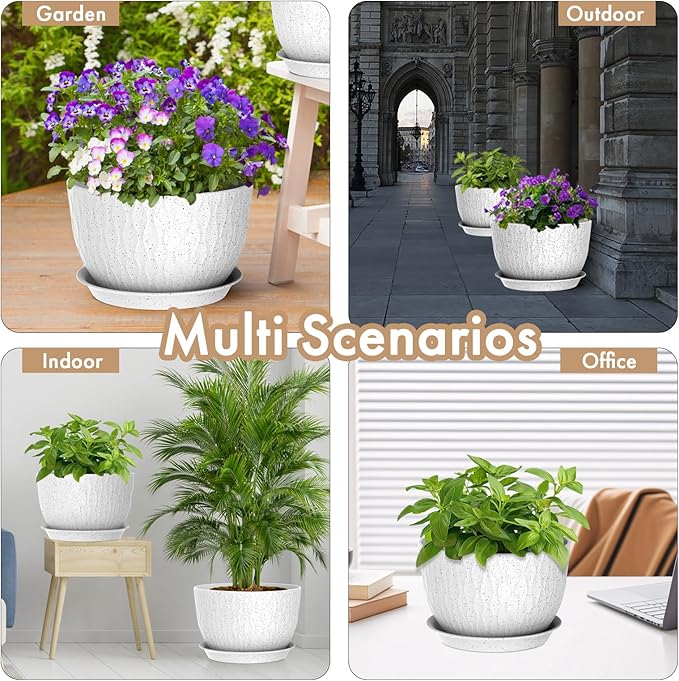 12 Inch Wide Water Ripples Flower Pots for Indoor or Outdoor Plants, Large Plant Pots with Drainage Holes & Saucer, Plastic Planters Set for Garden & Home Decor (White with Black Speckles) WSMKSZ