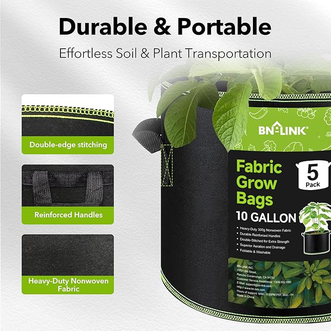 BN-LINK 5-Pack 10 Gallon Grow Bags, Heavy Duty Aeration Fabric Pots with Handles, Thickened Nonwoven Plant Bags for Vegetables, Flowers, Fruits BN-LINK