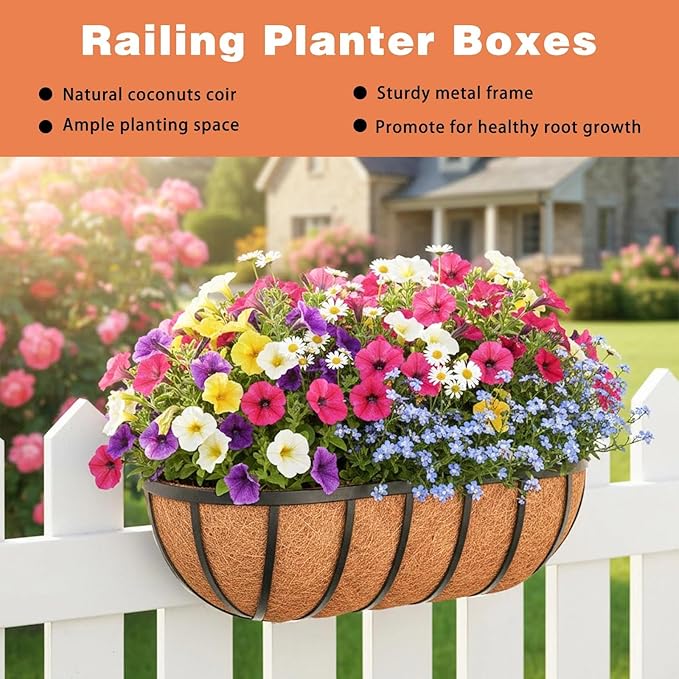 2 Pack 30" Railing Planter Window Box with Coco Fiber Liner Horse Trough Planter The Railing Planter Boxes for Deck Porch Fence Outdoor Rootora