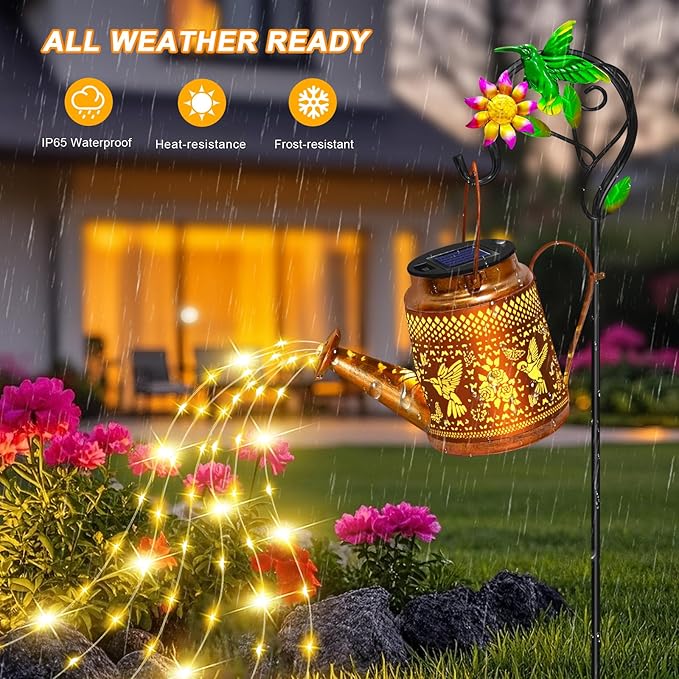Solar Lights Outdoor Waterproof Garden Decor,Solar Watering Can Lights Hummingbird lanterns,Birthday Gifts for Mom Women,Decorative Outside Metal Hanging Fairy String Light for Yard Art Patio Porch EDOF