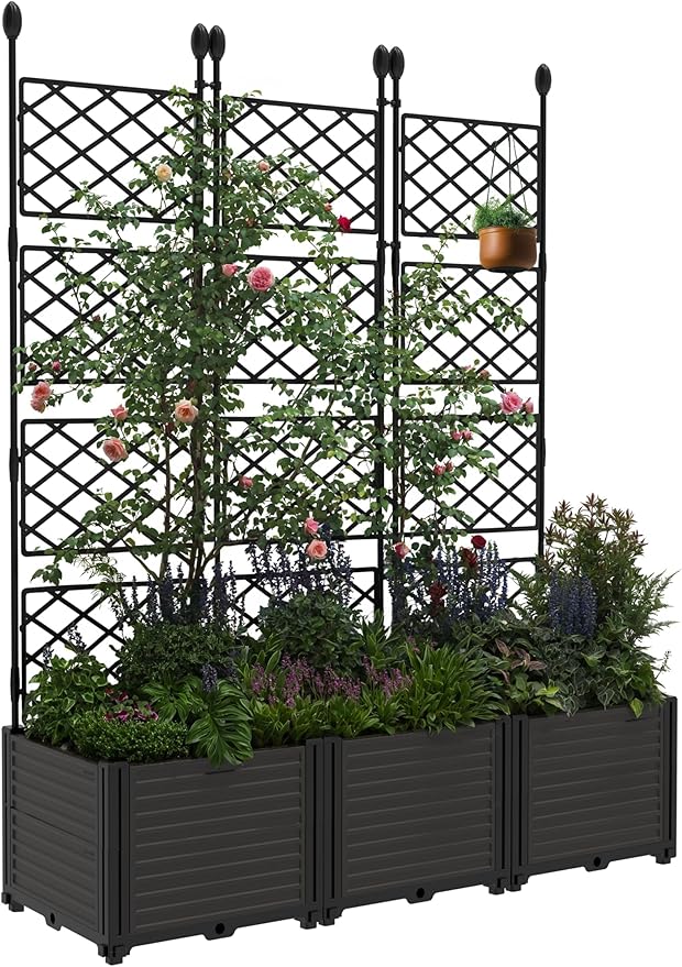 3 PCS Raised Garden Bed with Trellis,63" h Vertical Planter Box with Drainage Holes for Climbing Plants, Patio Privacy Screen & Balcony Garden MegaChoice