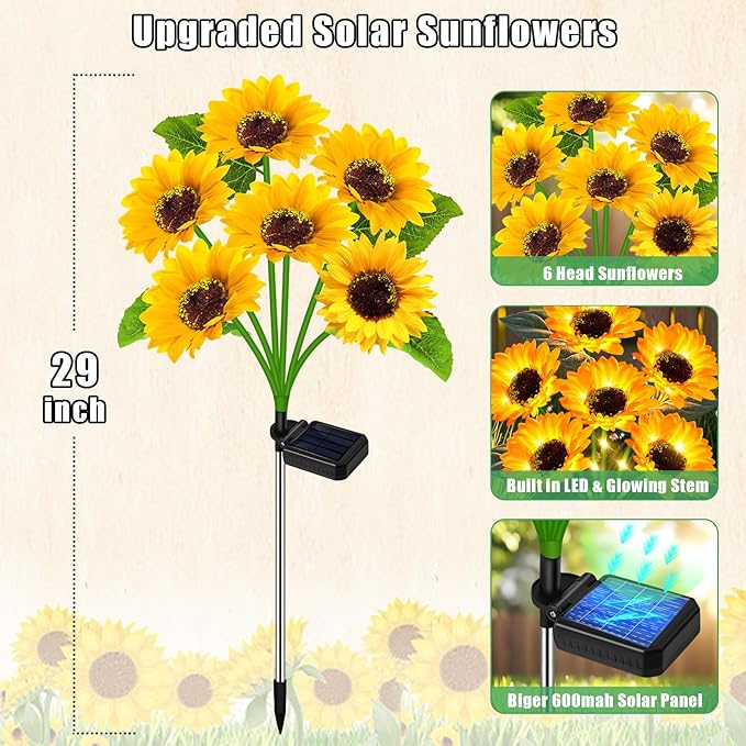 Solar Sunflower Lights Outdoor Flower Lights,6 Pack 36 Sunflower Waterproof Lights for Outside Party Gardening Gifts Mother's Day for Patio Yard Pathway Party Housewarming Gift yeuago