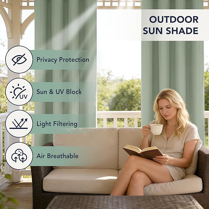 Patio Curtains Outdoor Waterproof - 6 Panels Privacy Weatherproof Outside Curtains with Grommets for Pergola, Gazebo, Porch, Cabana, Balcony, 54 x 95 Inch, Sage Green RichSets