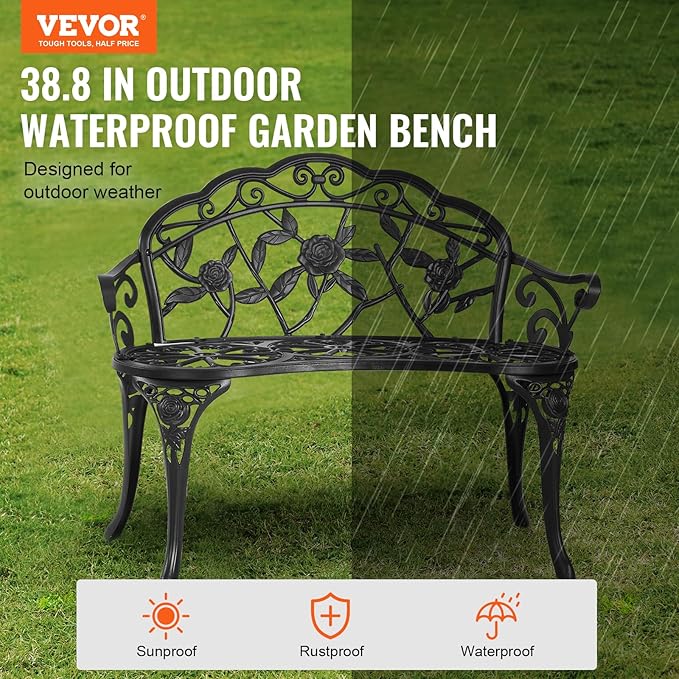 VEVOR 480 lbs Load Capacity, 38.8 inches Metal, Outdoor Backrest and Armrests, Patio Bench for Garden, Park, Yard, Front Porch, Black VEVOR
