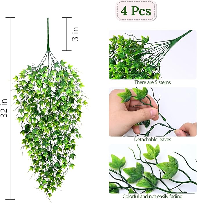 Waipfaru Artificial Hanging Ivy for Outdoors, Fake Hanging Plants, 4pcs Faux Ivy Pothos Vines Greenery for Wall Home Bedroom Living Aesthetic Kitchen Office Aesthetic Kitchen Indoor Outdoor Decor Waipfaru