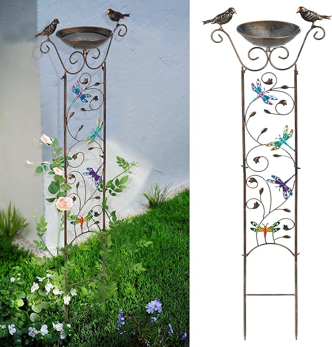 SUNNYPARK Bird Bath with Trellis Outdoor, Antique Garden Iron Plant Trellis with Decorative Dragonfly Detachable Bird Bath Bowl Metal Potted Plant Support for Climbing Flowers SUNNYPARK