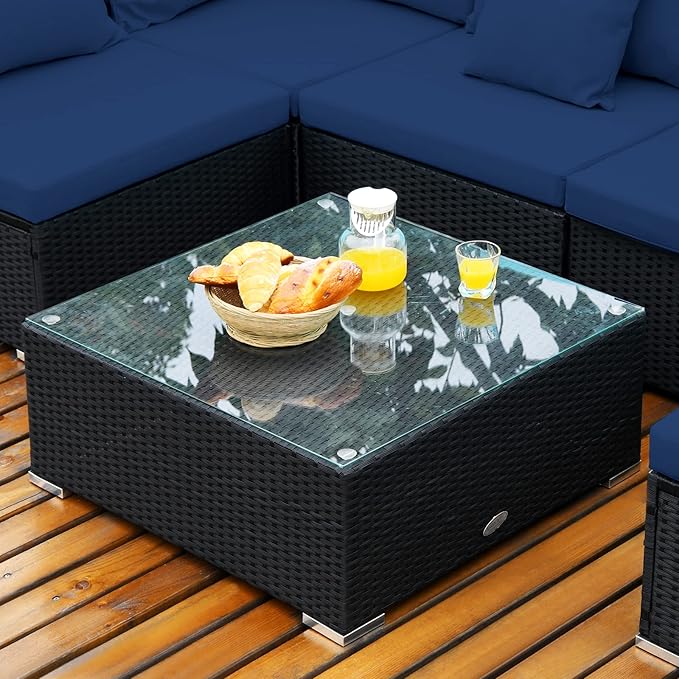 Tangkula 7-Piece Patio Furniture Set, Outdoor Sectional Wicker Sofa with Pillows and Cushions, Conversation Set with Coffee Table & Tea Table for Garden, Lawn (Navy Blue) TANGKULA