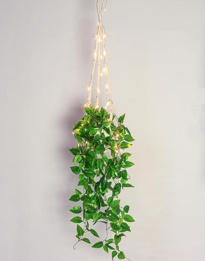 2 Packs Fake Hanging Plant with lights Artificial Plants with Pots for Home Decor Macrame Plant Hanger with Faux Vines Greenery for Bedroom Bathroom Room Ceiling Wall Boho Decor Indoor Outdoor Comtelek