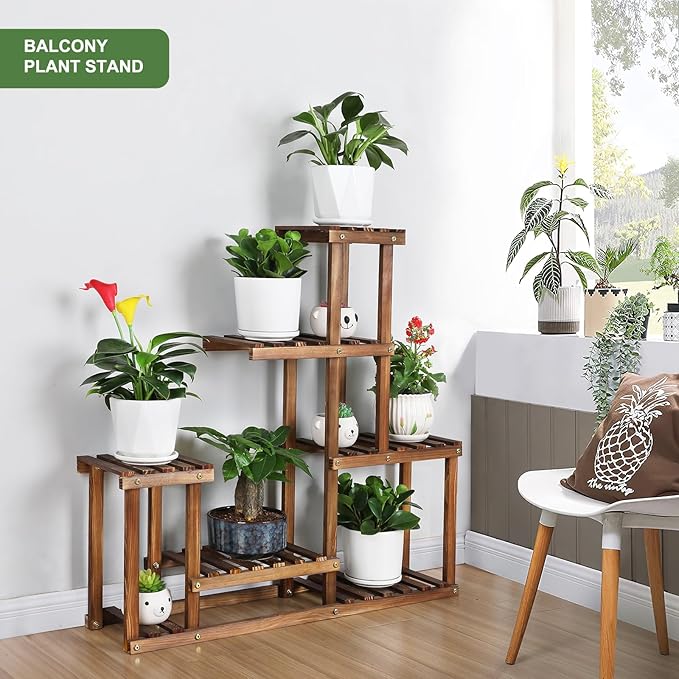 Wood Plant Stand Indoor Outdoor Multi Tiered Corner Plant Shelf Holder High Low Flower Rack Stand for Indoor Multiple Plants 9 Potted Organize Shelves in Living Room Garden Balcony Patio Yard COOGOU