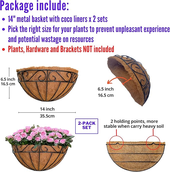 LaLaGreen Large Wall Planter Outdoor - 2 Pack, 14 Inch Large Fence Hanging Flower Baskets with Coco Liner, Herb Pots Holder Rail Planter Outside Railing Deck Porch Balcony Vertical Garden Privacy Wall L%C3%A1L%C3%A1Green