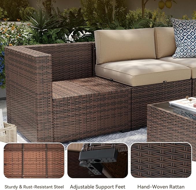 Aoxun Patio Furniture Sets, 8-Piece Outdoor Patio Furniture with 44'' Propane Gas Firepit Table, Wicker Outdoor Conversation Set Sectional Sofa for Backyard, Poolside, Garden (Black Cushion) Aoxun