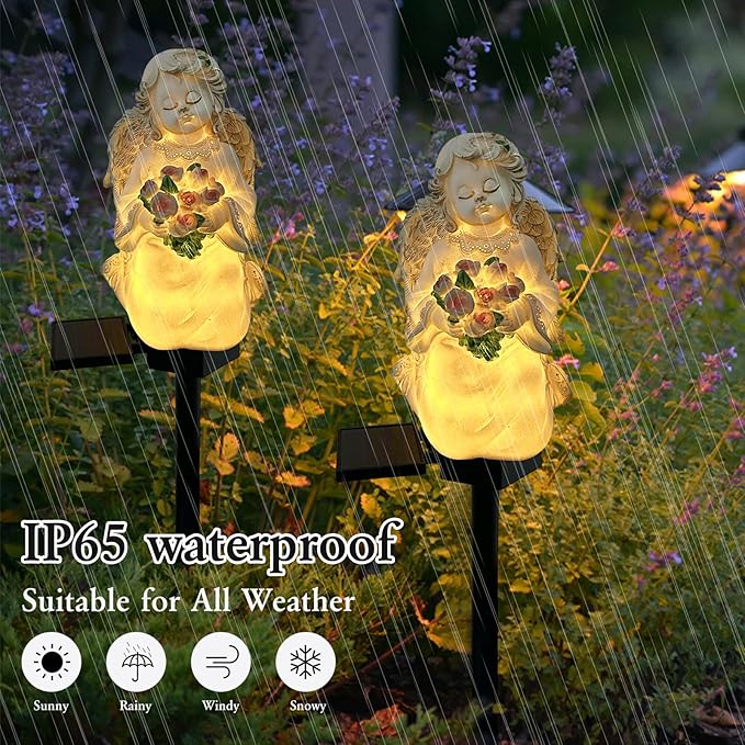 Solar Garden Angel Lights, Waterproof Outdoor Garden Angels Statue Decorations Solar Lights for Cemetery Gravesite Grave Outside Yard Patio Lawn Porch (Flower) LAIAMER