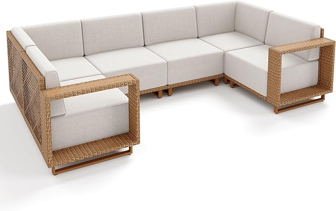 6 Pieces Patio Furniture Set,Outdoor Rattan Wicker Sectional Sofa with 10''Ultra-Thick Cushions,All Weather Patio Conversation Set for Lawn Garden Backyard,Beige SUNSHINEVALLEY