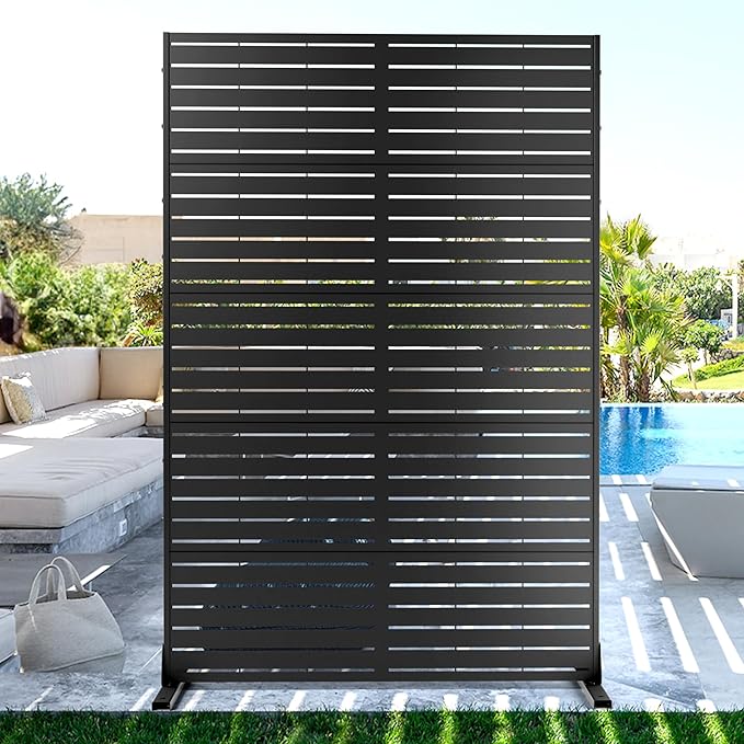 FENCY Metal Privacy Screen with Stand 72" H×44" W Outdoor Freestanding Privacy Panels, Outdoor Privacy Screen for Deck Patio Balcony(Black-Louvered) FENCY