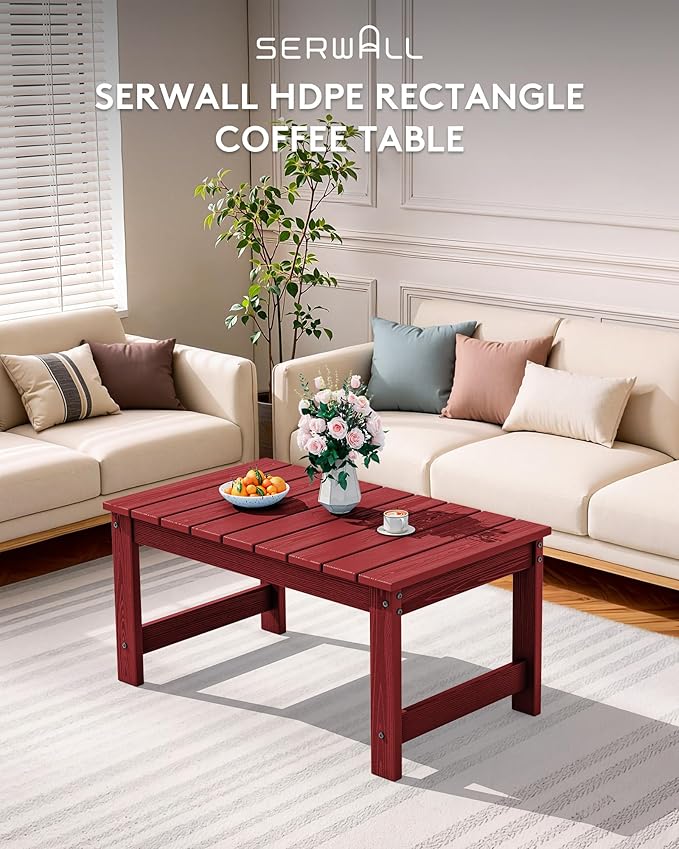 SERWALL Outdoor Coffee Table with 1.69" Umbrella Hole, HDPE Patio Coffee Table for Outside, Rectangle, Red SERWALL
