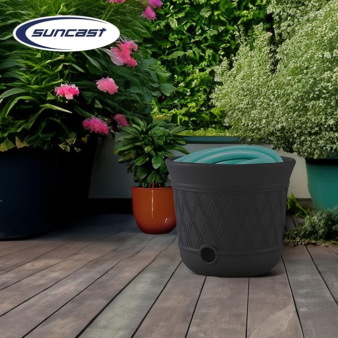 Suncast Lattice Hose Pot for Outdoor Garden Storage, Peppercorn - Holds 300 ft Expandable or 50 ft Standard 5/8" Vinyl Hoses, Resin Hideaway Organizer with Drainage and Water Supply Port Suncast
